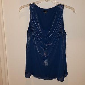 Blue metallic look blouse with scoop neck.